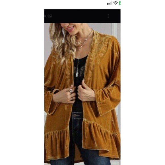 Suzanne Betro Gold Velvet Floral Embroidered Open Cardigan Size 3XL - Picture 2 of 11